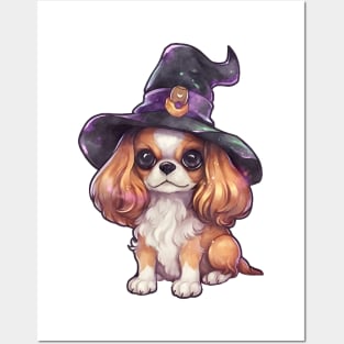 Watercolor Cavalier King Charles Spaniel Dog in Witch Hat Posters and Art